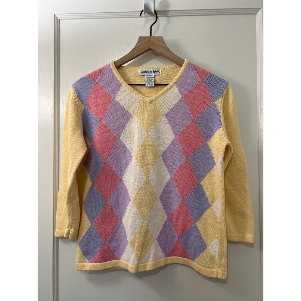 Vintage Cambridge Spirit Women's 3/4 Sleeve V Neck Yellow Argyle Sweater Size S